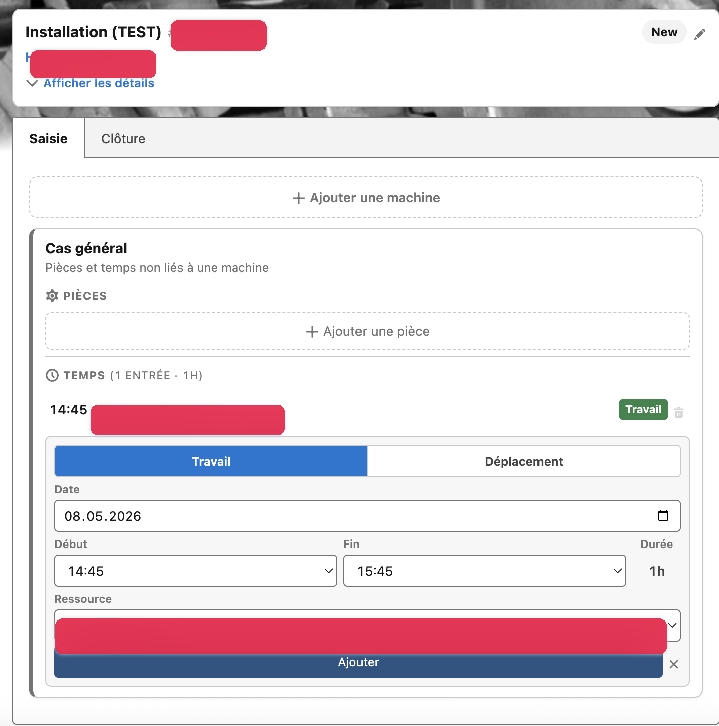 Streamlined Headswap-built screen with one Saisie tab, time entry, machines and parts arranged for the actual job a field technician needs to complete.